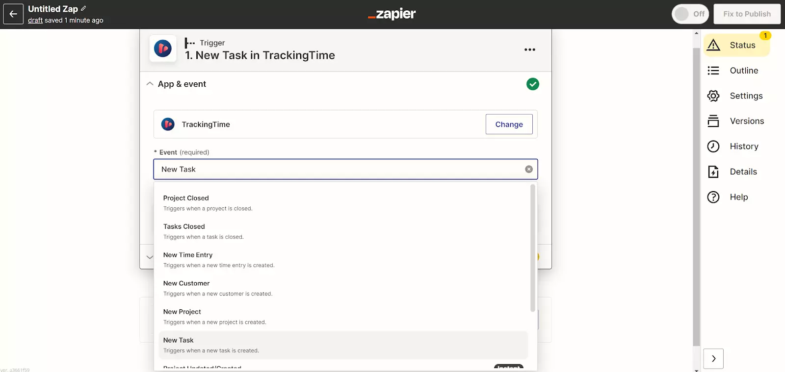 Zapier - jauns uzdevums TrackingTime