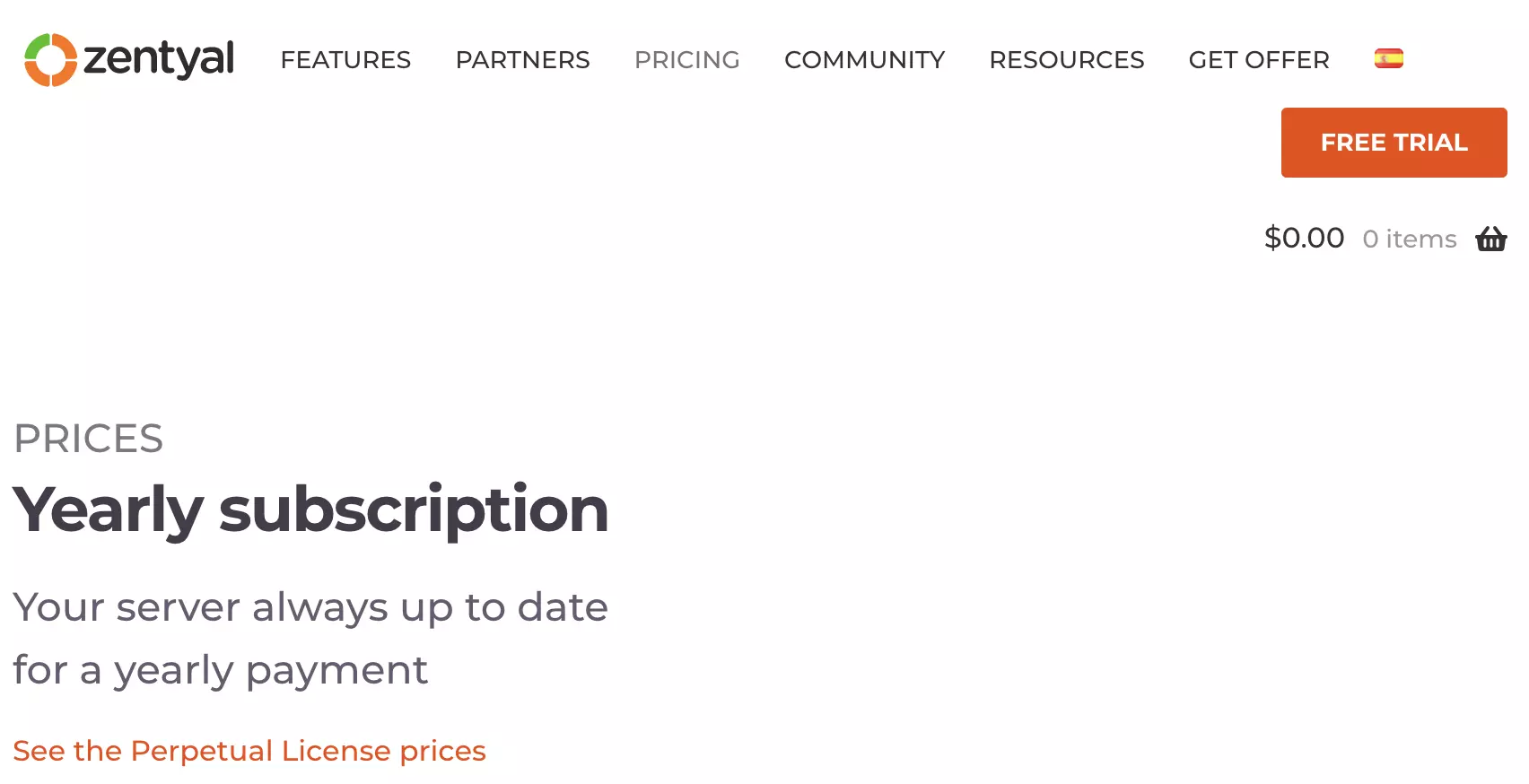 Zentyal maksas plānu sadaļa Zentyal vietnē