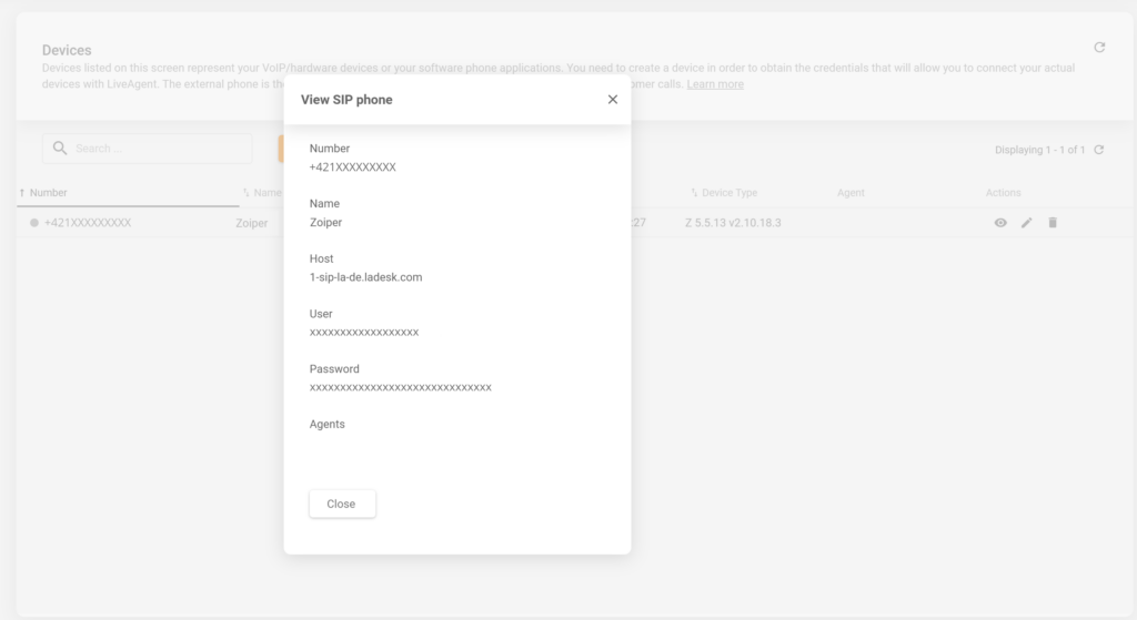 Attēls, kas parāda, kur atrast SIP ierīces detaļas LiveAgent