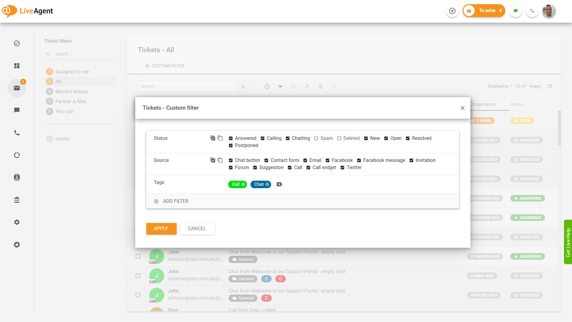 Biļešu filtrēšana pēc tagu funkcijas LiveAgent
