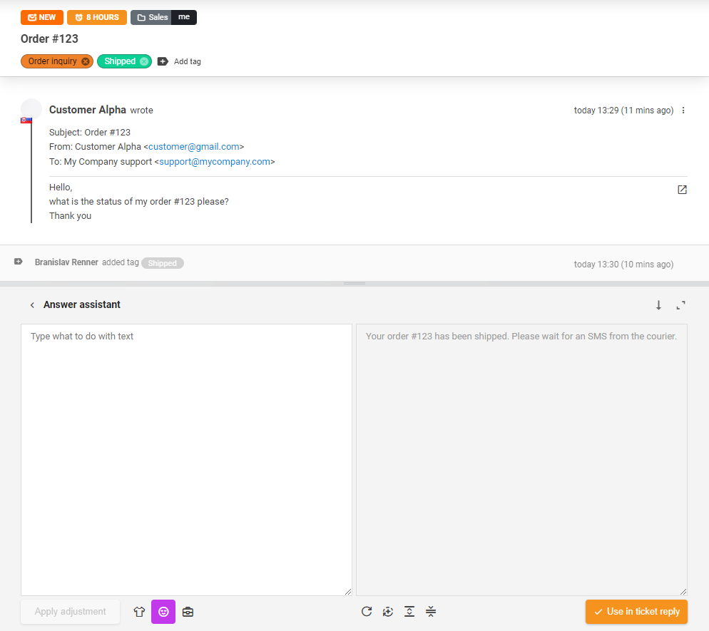 AI Answer Assistant rīks biļetes atbildes izmantošanā.