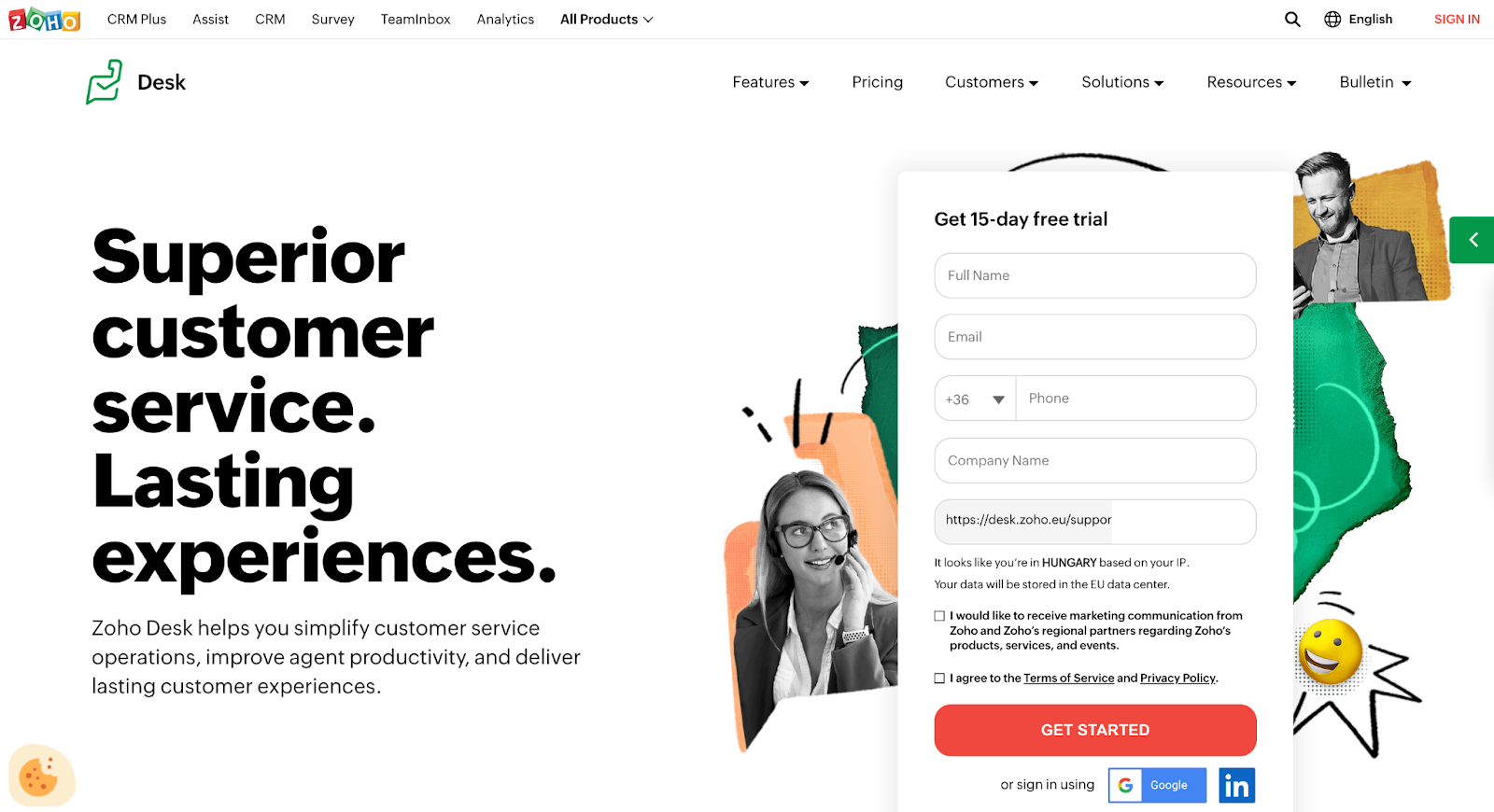 Zoho Desk sākumlapas izkārtojums, kurā izklāstītas tās funkcionalitātes