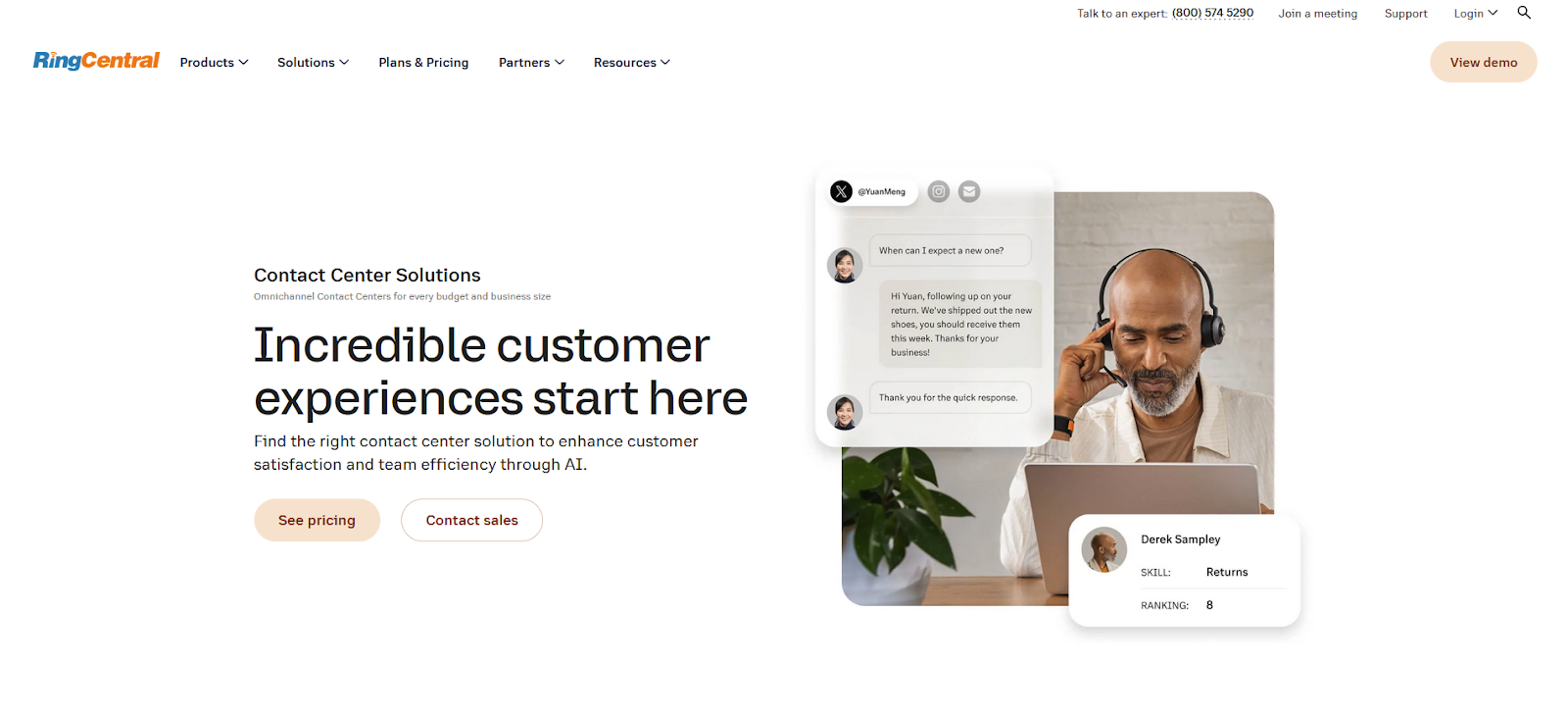 RingCentral kontaktu centra programmatūras mājas lapa