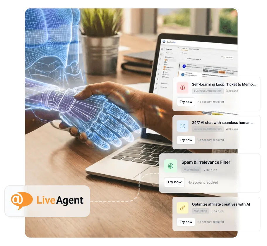 Jauniniet LiveAgent izmēģinājuma versiju un saņemiet 33% atlaidi ar MI aģentiem