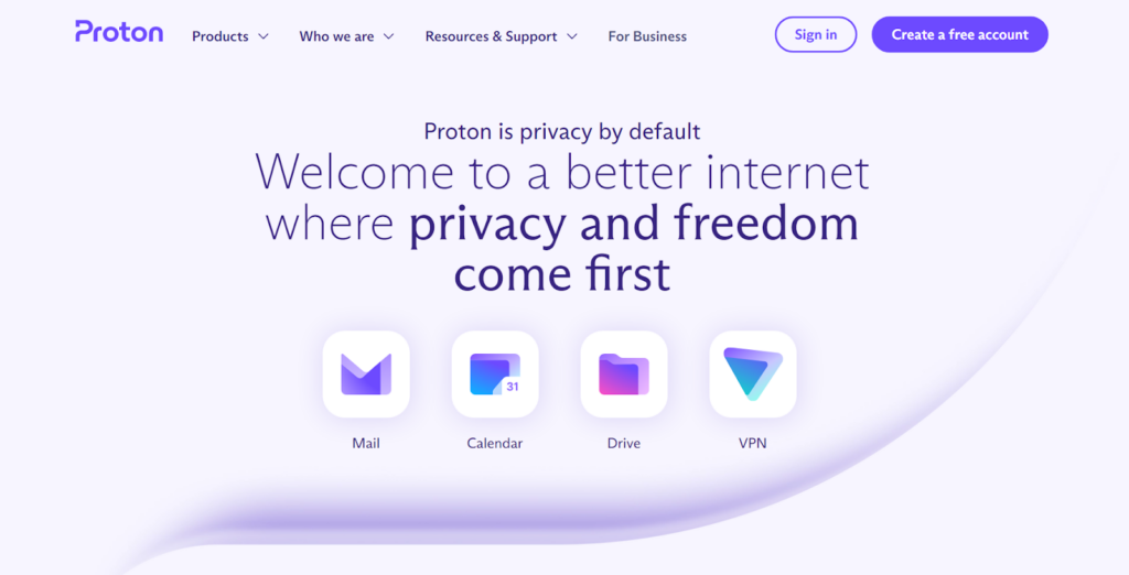 Proton Mail sākumlapa