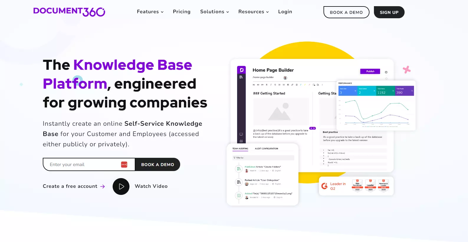 Document360 sākumlapas momentuzņēmums, fokusējot uz galvenajām funkcijām