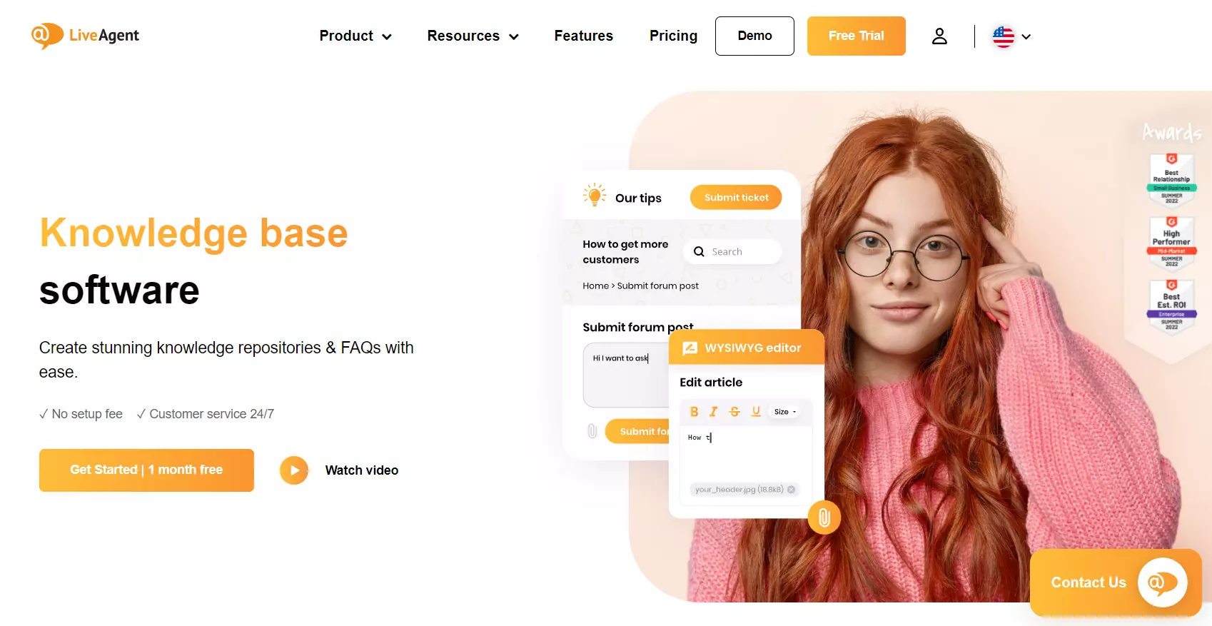 LiveAgent pievilcīgā sākumlapa, kurā izcelta tā zināšanu bāzes rīks