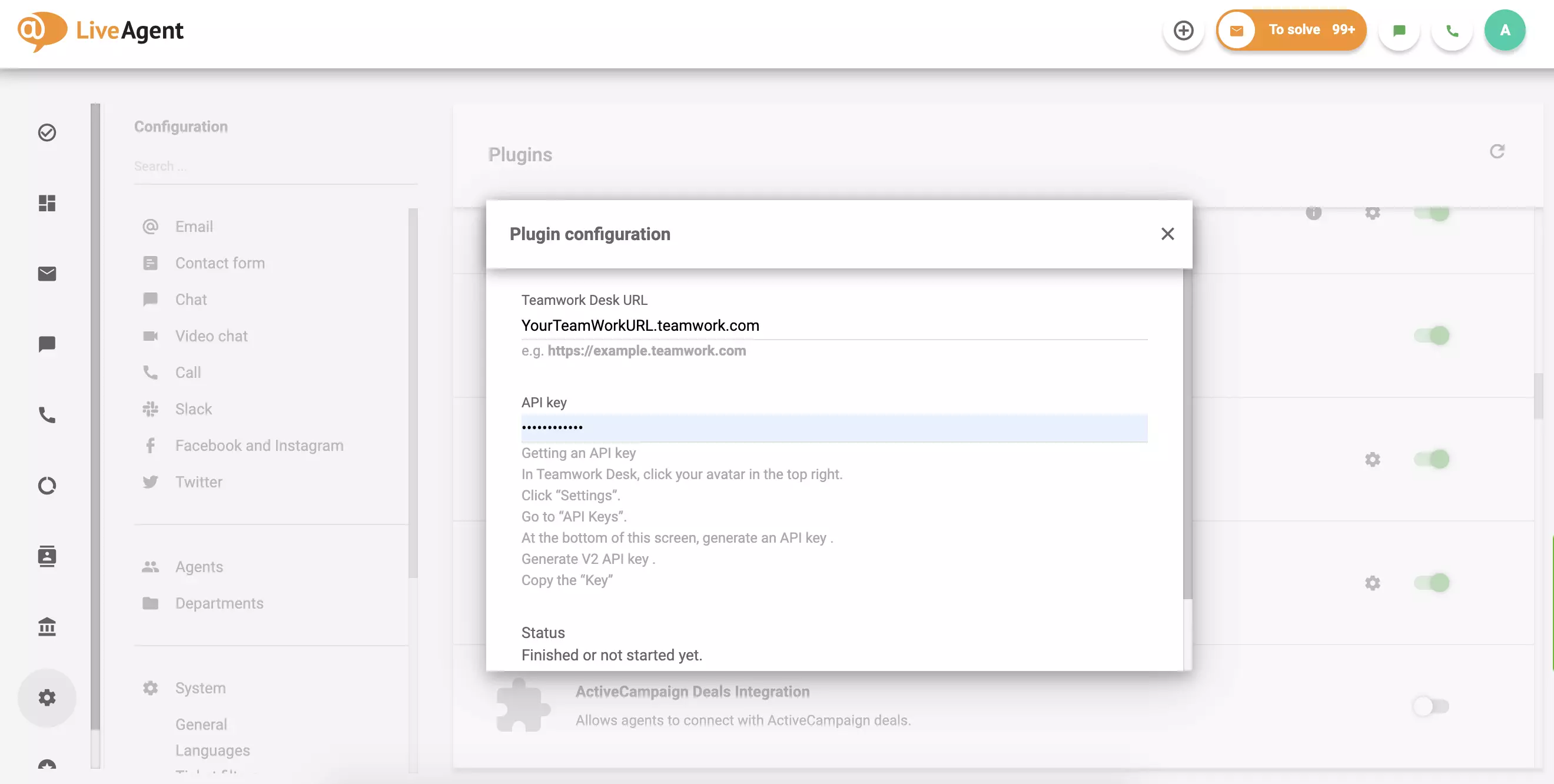 Aizpildiet savu Teamwork Desk URL un API, pēc tam noklikšķiniet Saglabāt.