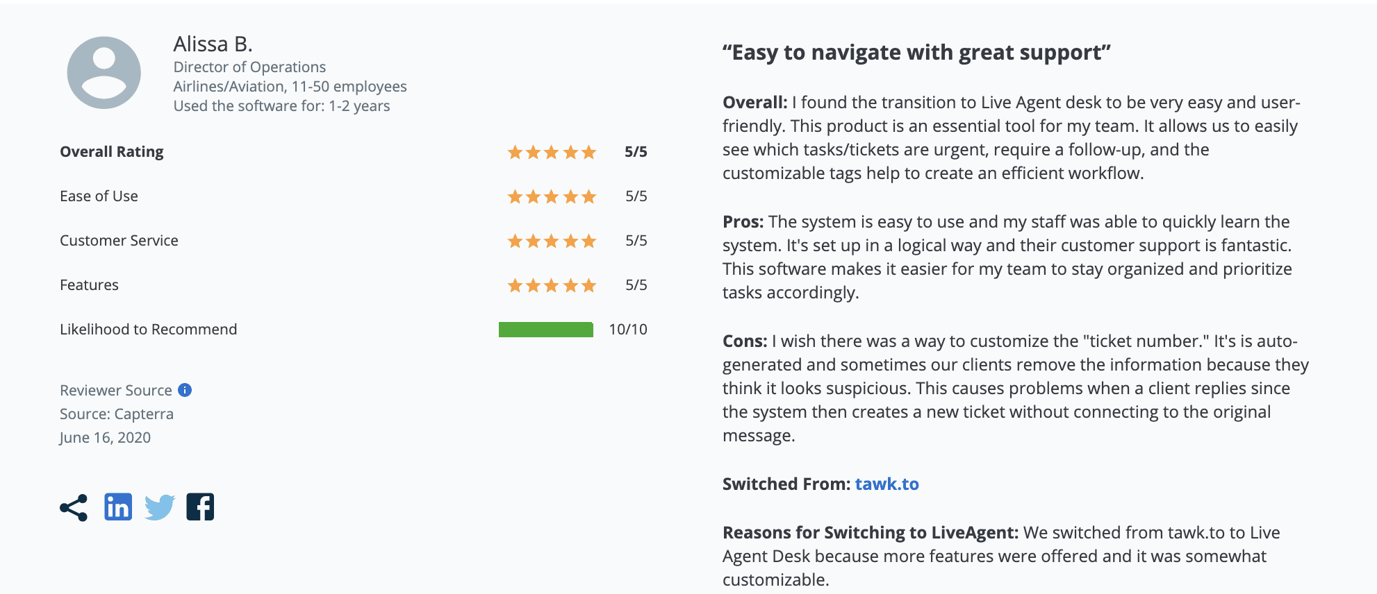 LiveAgent atsauksme uz Capterra