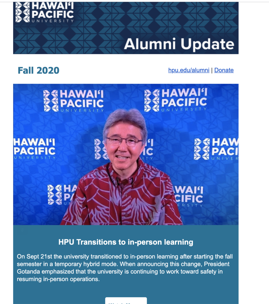 Hawaii Pacific University informatīvā e-pasta piemērs