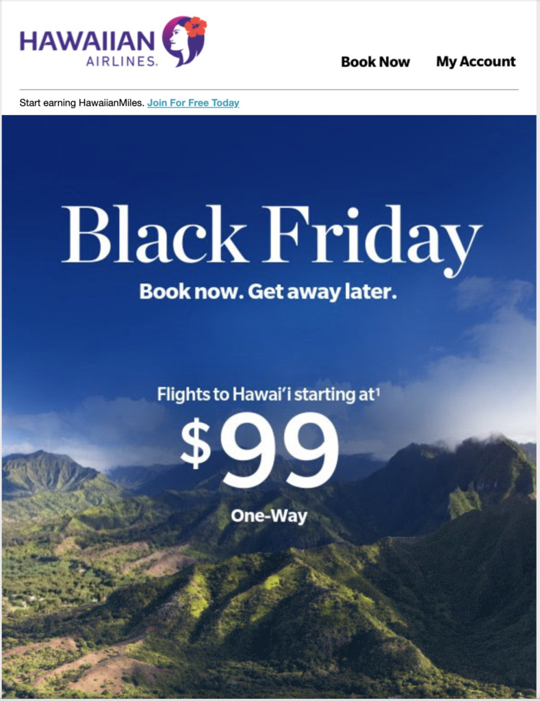 Hawaiian Airlines Black Friday e-pasta kampanja