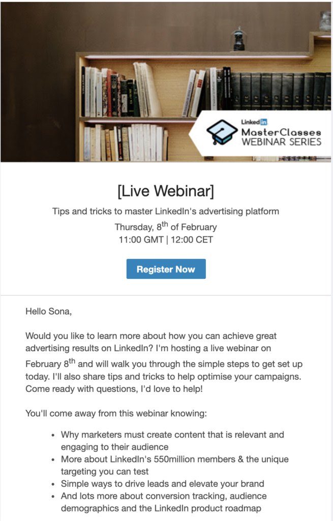 LinkedIn webināra sneak peek e-pasta veidne