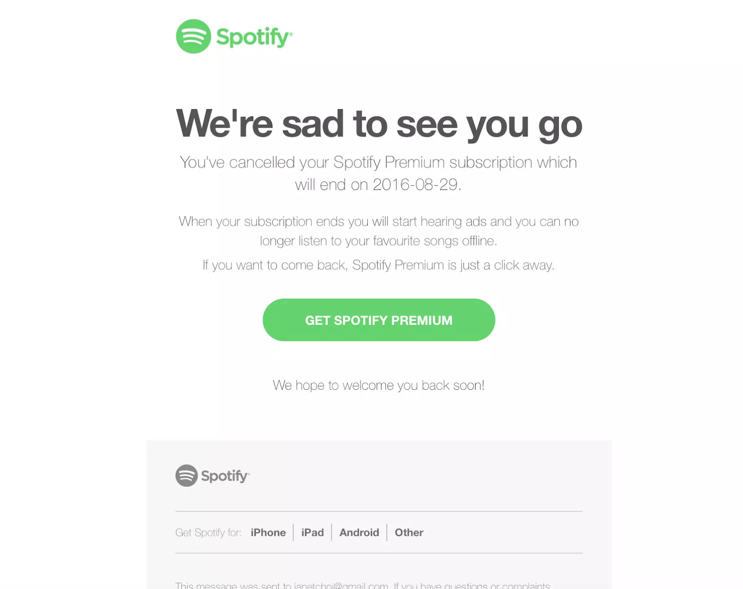 Spotify atcelšanas e-pasta piemērs