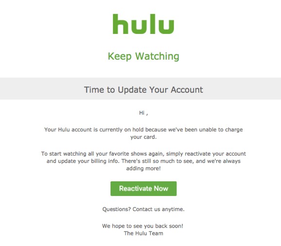 Hulu dunning e-pasta vēstules piemērs