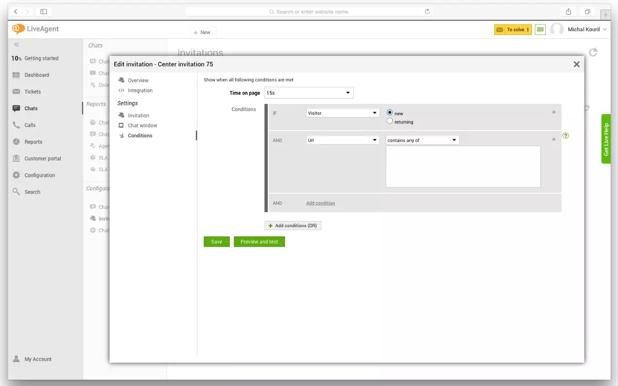 LiveAgent iestatījumi, kurā parādīts, kā iestatīt proaktīvos čata triggerus