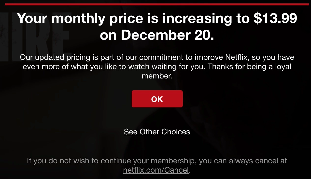 Netflix cenu paaugstinājuma e-pasta veidne