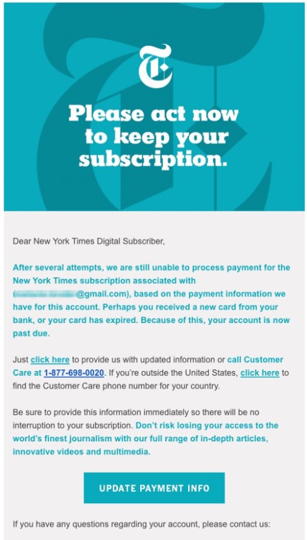 New York Times dunning e-pasta vēstules piemērs