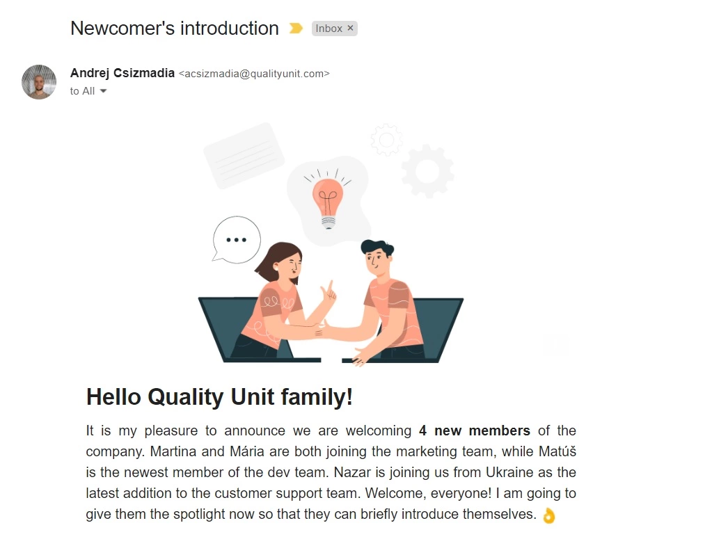 Quality Unit jaunpienācēja iepazīstināšanas e-pasts