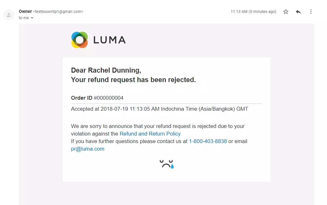 Atmaksas pieprasījuma noraidīšanas e-pasta piemērs