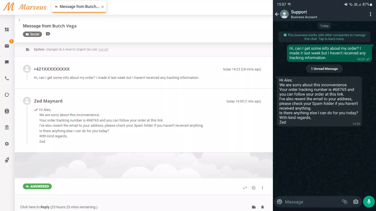 WhatsApp ziņojums, kas parādīts kā biļets LiveAgent