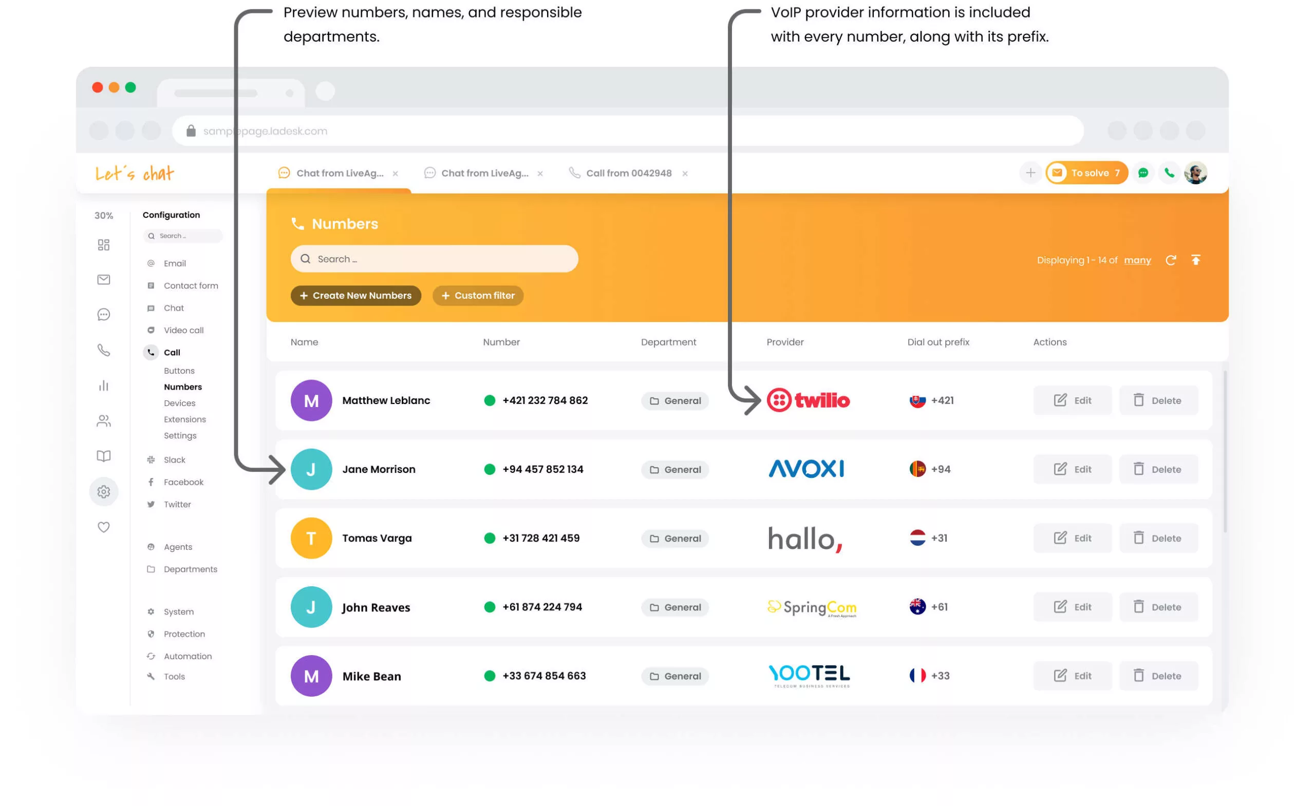 LiveAgent zvanu centra numuru iestatīšana