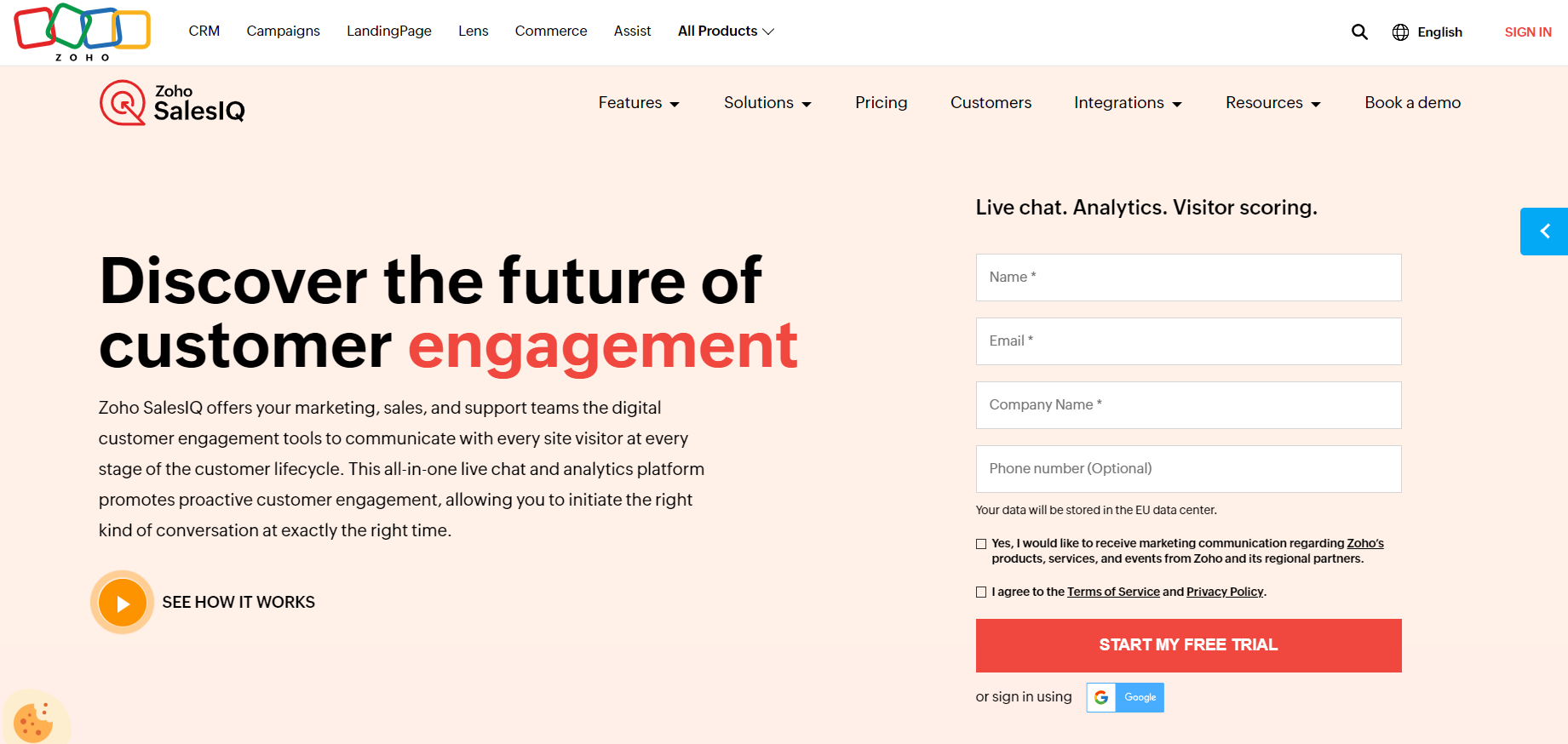 Zoho SalesIQ sākumlapa - klientu iesaistes e-komercijas tiešā tērzēšanas programmatūra